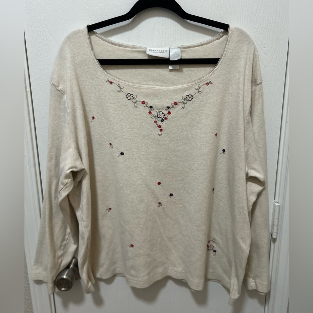 Elisabeth by Liz Claiborne Cream Floral Embroidered ScoopNeck Plus Size 3X Top